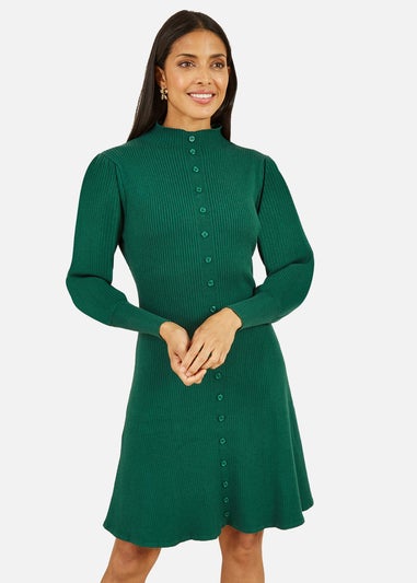 Yumi Green Knitted Button Up Midi Dress With Balloon Sleeves