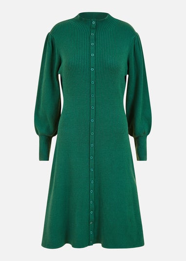 Yumi Green Knitted Button Up Midi Dress With Balloon Sleeves