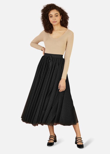 Yumi Black Mesh Heart Print Tulle Skirt