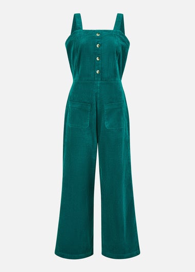 Yumi Teal Cord Stretch Dungaree Style Jumpsuit