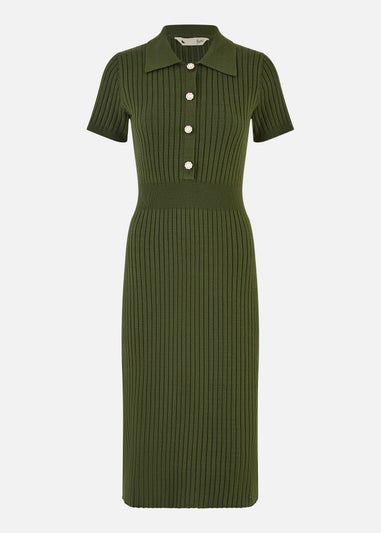 Yumi Green Fitted Rib Knitted Midi Dress With Daisy Buttons