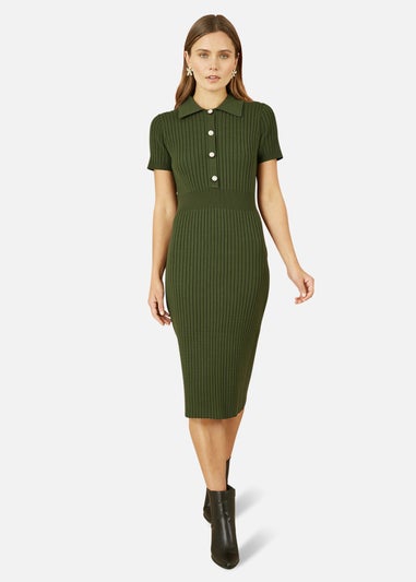 Yumi Green Fitted Rib Knitted Midi Dress With Daisy Buttons