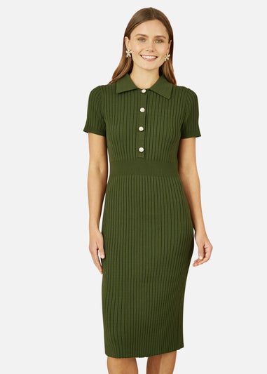 Yumi Green Fitted Rib Knitted Midi Dress With Daisy Buttons