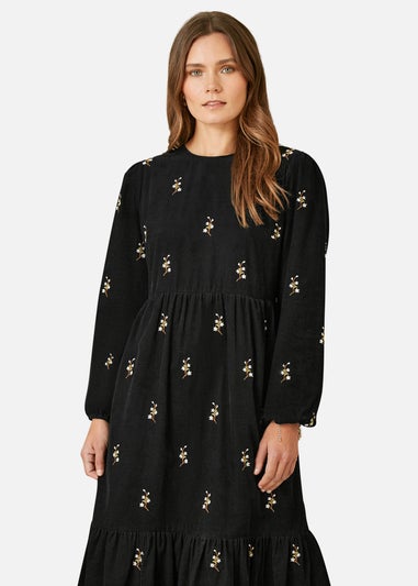 Yumi Black Long Sleeve Midi Dress With Floral Embroidery