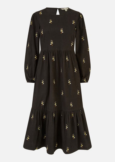 Yumi Black Long Sleeve Midi Dress With Floral Embroidery