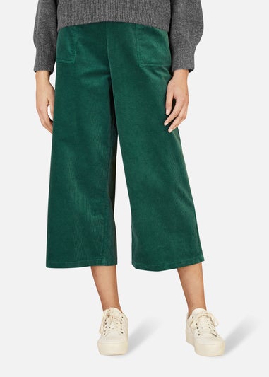 Yumi Green Cord Cropped Wide Leg Trousers With Pockets