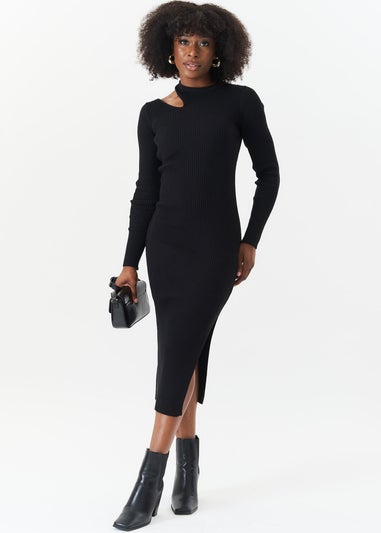 Gini London Black Cut Out Rib Knit Bodycon Midi Dress