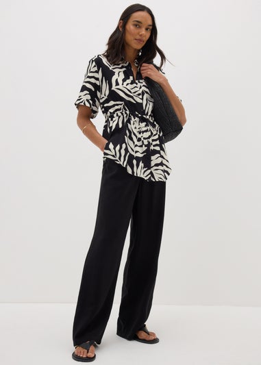 Black Monochrome Leaf Tie Waist Longline Shirt