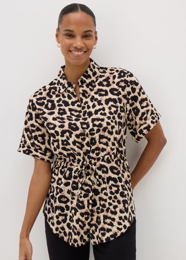 Brown Leopard Print Tie Waist Longline Shirt