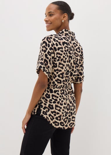 Brown Leopard Print Tie Waist Longline Shirt