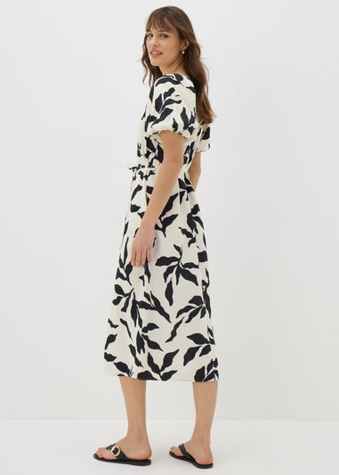 Cream Monochrome Leaf Puff Sleeve Midi Tea Dress