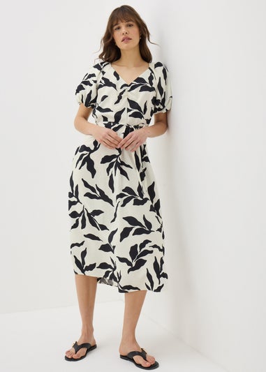 Cream Monochrome Leaf Puff Sleeve Midi Tea Dress