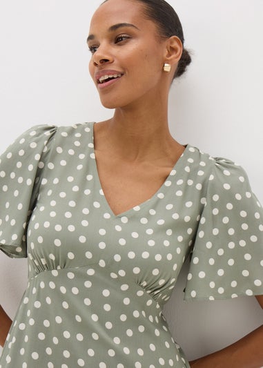 Green Spot Print Midi Tea Dress