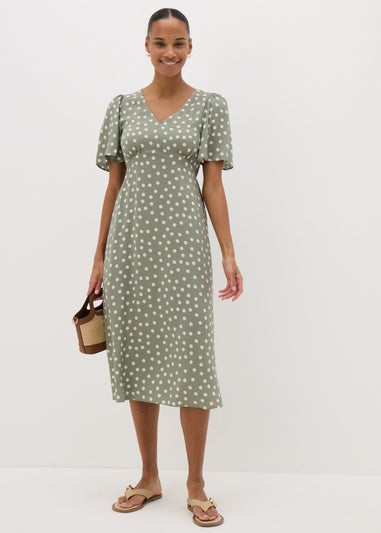 Green Spot Print Midi Tea Dress