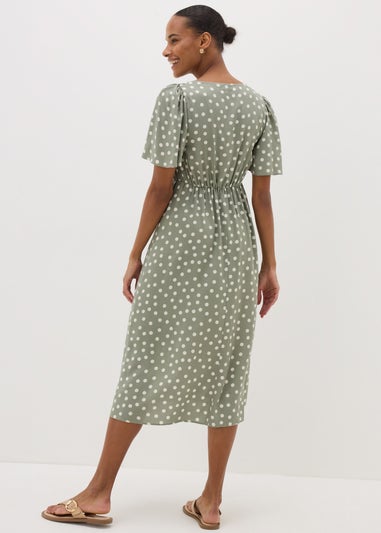 Green Spot Print Midi Tea Dress