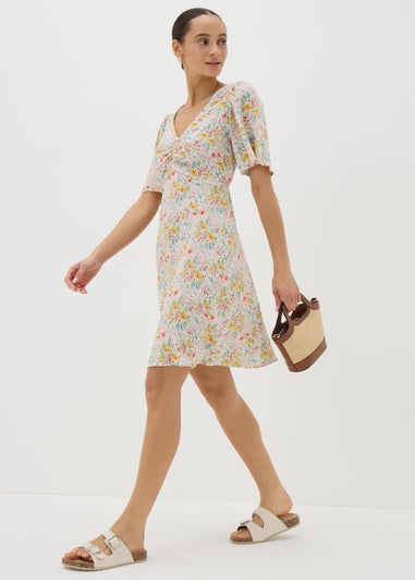 Cream Floral Print Mini Tea Dress