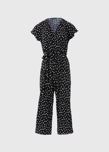 Black Monochrome Spot Plisse Culotte Jumpsuit