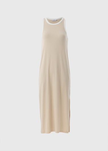 Beige Ribbed Racer Back Midi Dress