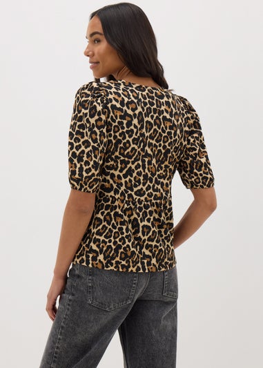 Brown Animal Print Textured Tie Front Top