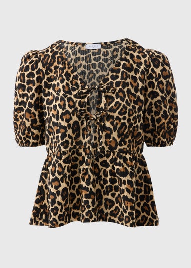 Brown Animal Print Textured Tie Front Top