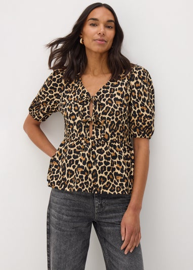 Brown Animal Print Textured Tie Front Top