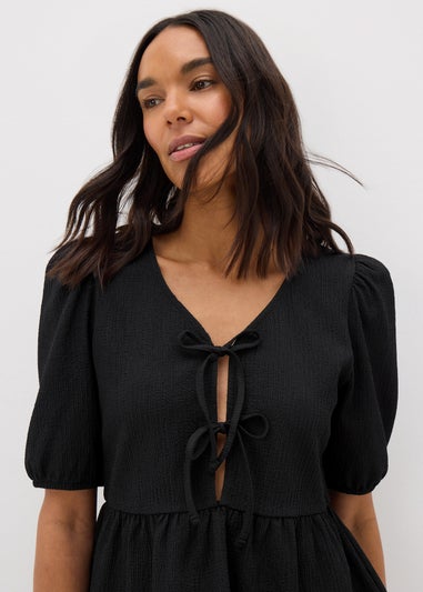 Black Textured Tie Front Top