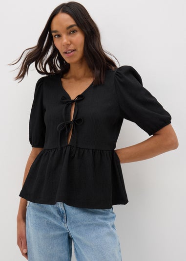 Black Textured Tie Front Top