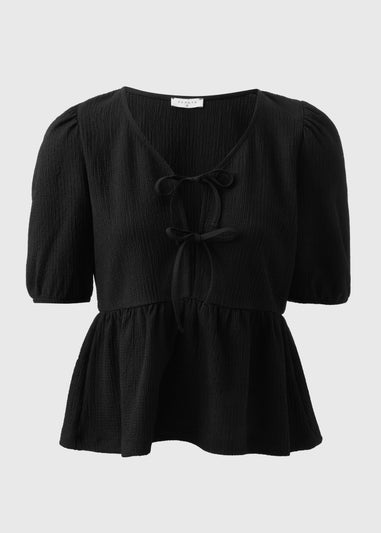 Black Textured Tie Front Top