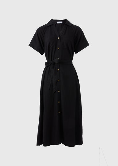 Black Linen Blend Midi Shirt Dress