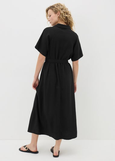 Black Linen Blend Midi Shirt Dress