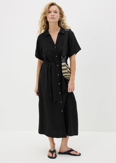 Black Linen Blend Midi Shirt Dress