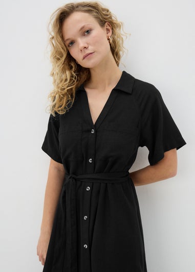 Black Linen Blend Midi Shirt Dress