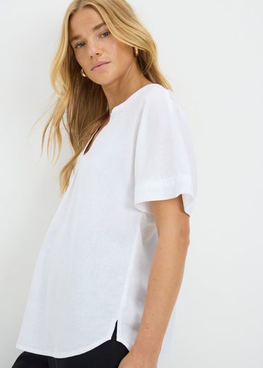 White Linen Blend V-Neck Top