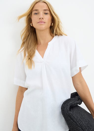 White Linen Blend V-Neck Top