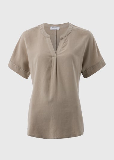 Taupe Linen Blend V-Neck Top