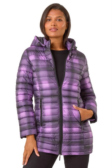 Roman Purple Check Print Quilted Puffer Coat