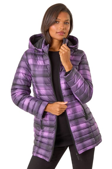 Roman Purple Check Print Quilted Puffer Coat