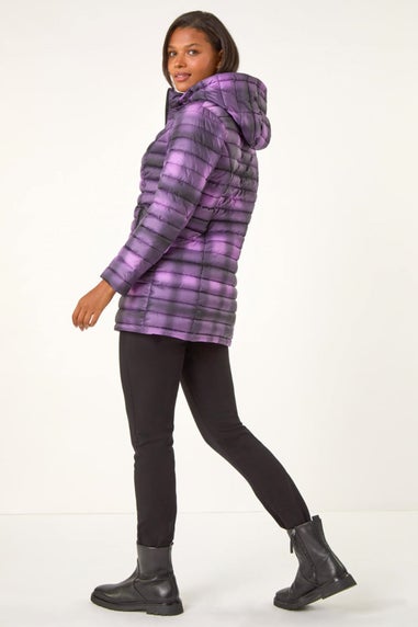 Roman Purple Check Print Quilted Puffer Coat