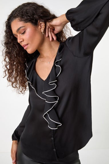 Roman Black Ruffle Front V-Neck Satin Blouse