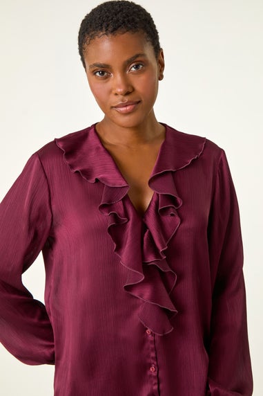 Roman Burgundy Ruffle Front V-Neck Satin Blouse