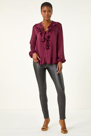 Roman Burgundy Ruffle Front V-Neck Satin Blouse