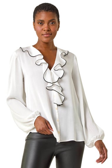 Roman Ivory Ruffle Front V-Neck Satin Blouse