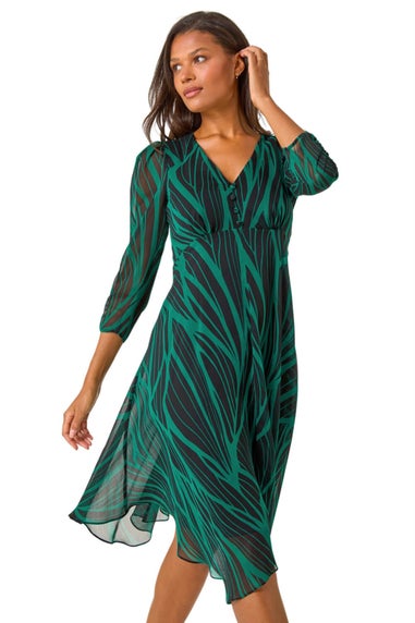 Roman Green Abstract Print Wrap Hanky Hem Midi Dress