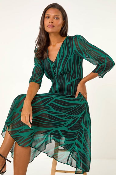 Roman Green Abstract Print Wrap Hanky Hem Midi Dress