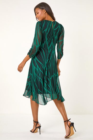 Roman Green Abstract Print Wrap Hanky Hem Midi Dress