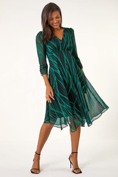 Roman Green Abstract Print Wrap Hanky Hem Midi Dress