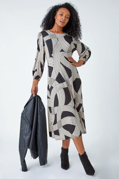 Roman Black Petite Linear Print Midi Stretch Dress