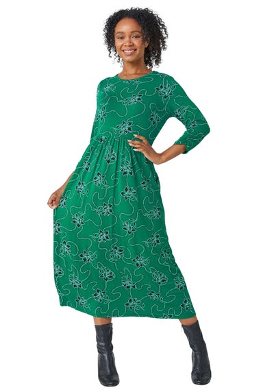 Roman Green Petite Floral Print Stretch Midi Dress