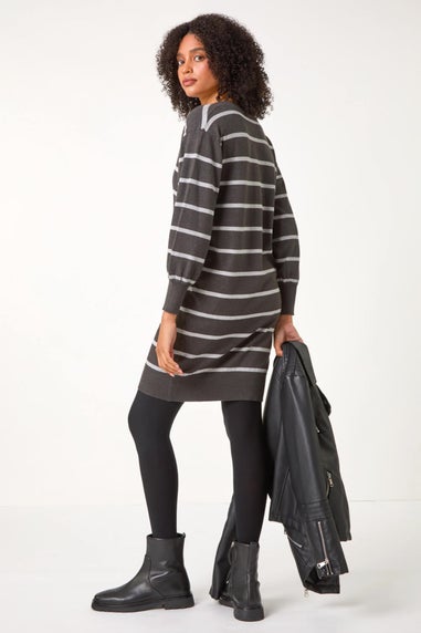 Roman Charcoal Stripe V-Neck Knit Jumper Dress