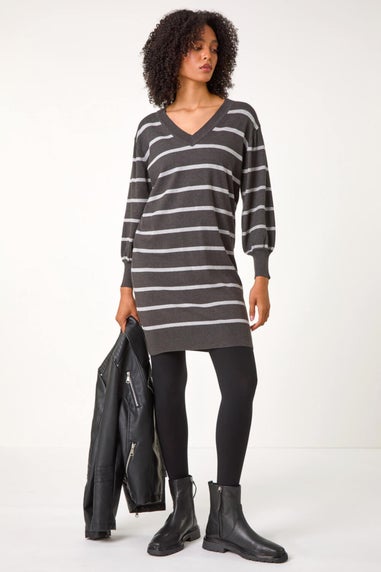 Roman Charcoal Stripe V-Neck Knit Jumper Dress